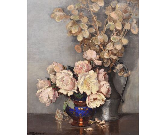 QUADRI ANTICHI, ART DECO, NATURA MORTA CON FIORI DI ROSE BIANCHE, OLIO SU TELA, XX SECOLO. (QF664)