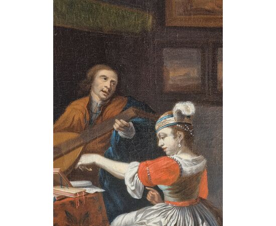 Interno elegante con gentiluomo musicista, dama e cane – Scuola olandese del XVII secolo