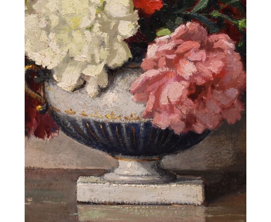 QUADRI ANTICHI, ART DECO, NATURA MORTA CON FIORI DI GAROFANI, OLIO SU TELA, XX SECOLO. (QF663)