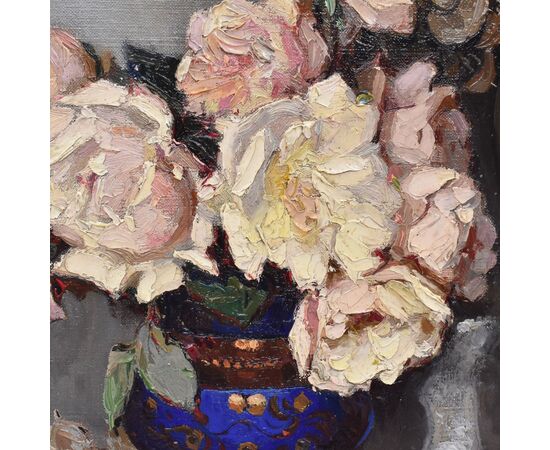 QUADRI ANTICHI, ART DECO, NATURA MORTA CON FIORI DI ROSE BIANCHE, OLIO SU TELA, XX SECOLO. (QF664)