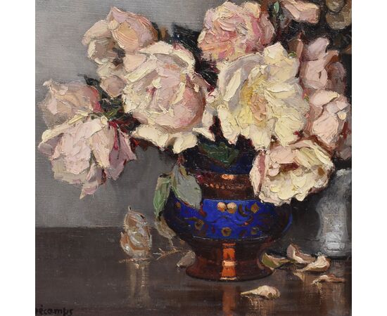 QUADRI ANTICHI, ART DECO, NATURA MORTA CON FIORI DI ROSE BIANCHE, OLIO SU TELA, XX SECOLO. (QF664)