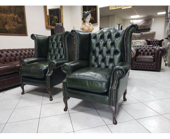 Coppia di poltrone chesterfield Queen Anne nuova inglese originale verde 