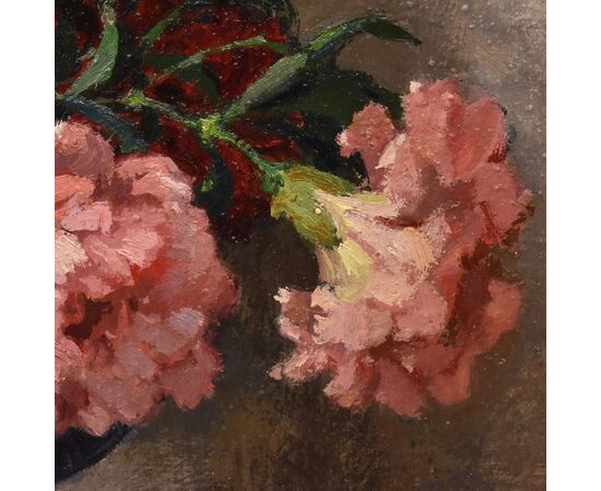 QUADRI ANTICHI, ART DECO, NATURA MORTA CON FIORI DI GAROFANI, OLIO SU TELA, XX SECOLO. (QF663)