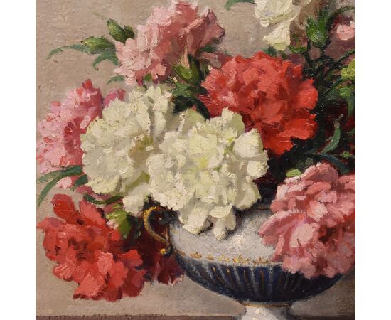 QUADRI ANTICHI, ART DECO, NATURA MORTA CON FIORI DI GAROFANI, OLIO SU TELA, XX SECOLO. (QF663)