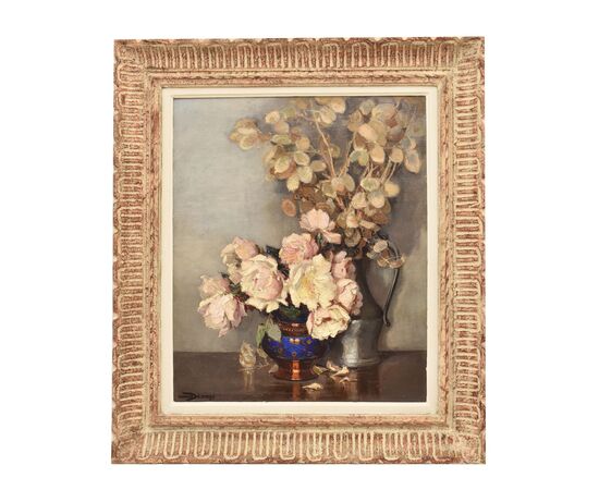 QUADRI ANTICHI, ART DECO, NATURA MORTA CON FIORI DI ROSE BIANCHE, OLIO SU TELA, XX SECOLO. (QF664)