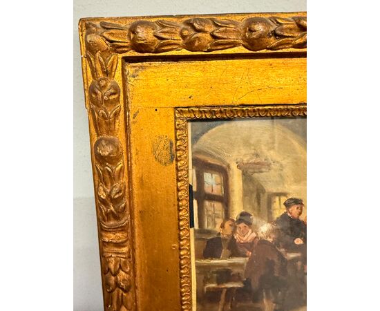 Antico dipinto ad olio su carta XIX Romberg in cornice antica, 43x34 cm, raffigurante osteria