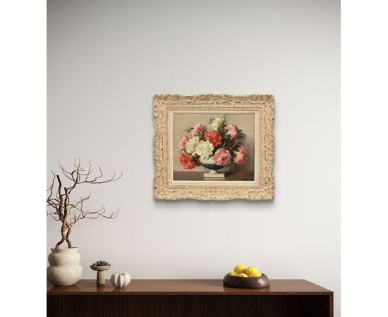 QUADRI ANTICHI, ART DECO, NATURA MORTA CON FIORI DI GAROFANI, OLIO SU TELA, XX SECOLO. (QF663)