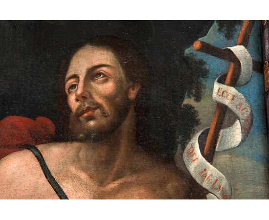 Dipinto antico olio su tela raffigurante San Giovanni Battista. Toscana XVIII secolo.