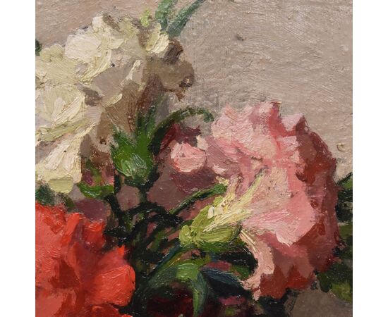 QUADRI ANTICHI, ART DECO, NATURA MORTA CON FIORI DI GAROFANI, OLIO SU TELA, XX SECOLO. (QF663)