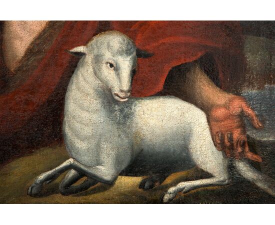 Dipinto antico olio su tela raffigurante San Giovanni Battista. Toscana XVIII secolo.
