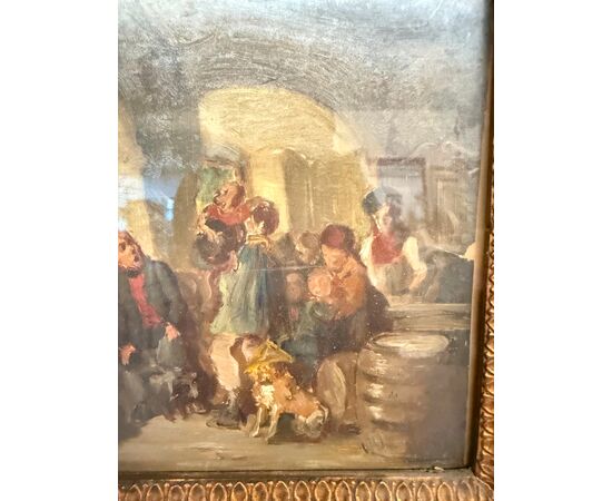 Antico dipinto ad olio su carta XIX Romberg in cornice antica, 43x34 cm, raffigurante osteria