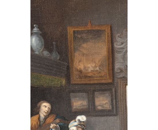 Interno elegante con gentiluomo musicista, dama e cane – Scuola olandese del XVII secolo