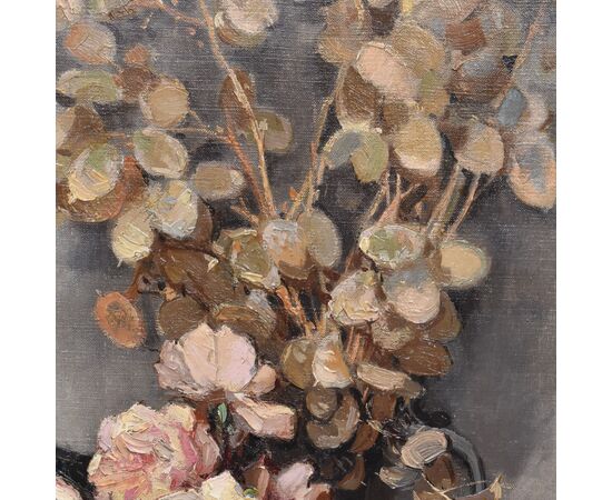 QUADRI ANTICHI, ART DECO, NATURA MORTA CON FIORI DI ROSE BIANCHE, OLIO SU TELA, XX SECOLO. (QF664)