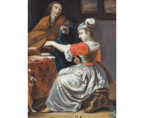 Interno elegante con gentiluomo musicista, dama e cane – Scuola olandese del XVII secolo