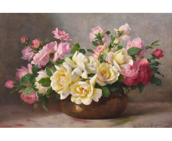 DIPINTI ANTICHI CON FIORI DI ROSE ROSA, NATURE MORTE, OLIO SU TELA, PRIMI DEL NOVECENTO. (QF665)