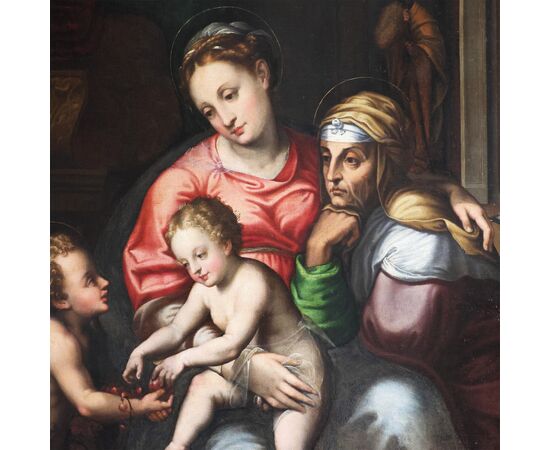 Teodoro d'Errico il Fiammingo attr.; Amsterdam 1544 – Amsterdam 1618, Madonna col bambino, San Giovannino e Sant'Anna (dalla Madonna della Gatta di Giulio Romano), olio su tela