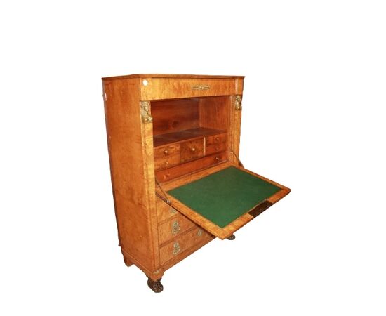Secretaire Francese Stile Impero del 1800 In Legno di Betulla Con Bronzi
