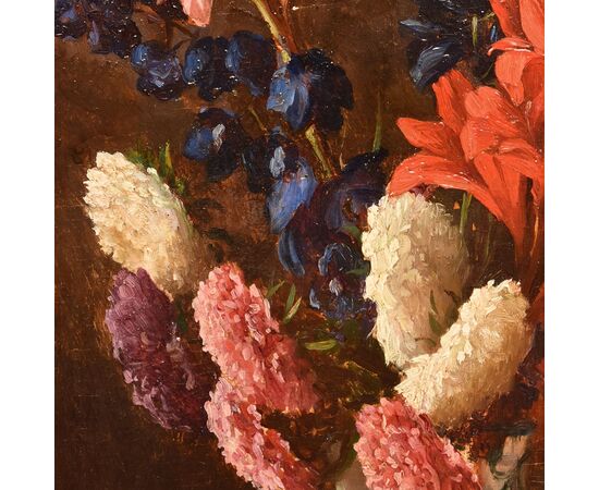 DIPINTI ANTICHI DI FIORI, NATURE MORTE CON GIGLI E DALIE, OLIO SU TAVOLA, DELL'800. (QF662)
