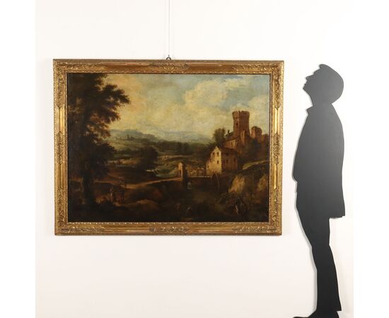 Dipinto Paesaggio con Torrente Mulino e Figure