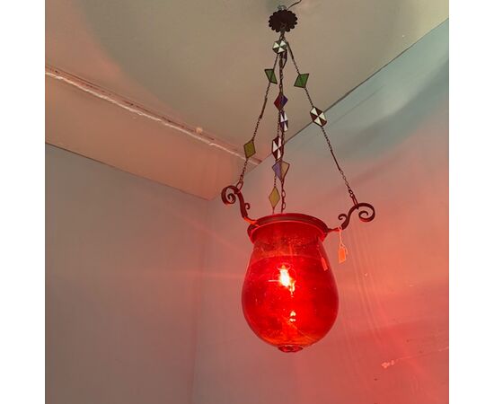 Antico lampadario portacandela vetro rosso fine 800 ! Mis h 82 cm L cm 30 