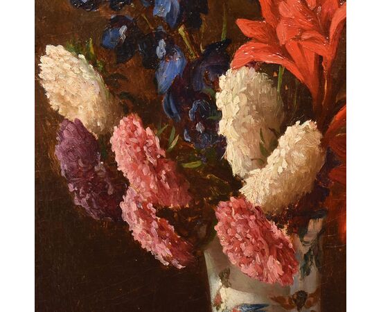 DIPINTI ANTICHI DI FIORI, NATURE MORTE CON GIGLI E DALIE, OLIO SU TAVOLA, DELL'800. (QF662)