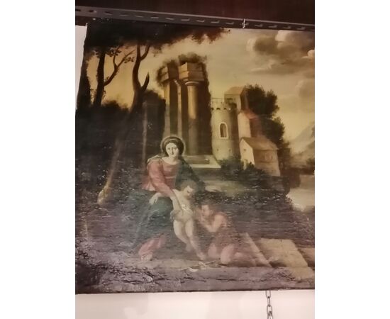 Madonna con bambino, San Giovannino e San Giuseppe - Paesaggio con rovine - '600 - olio su tela