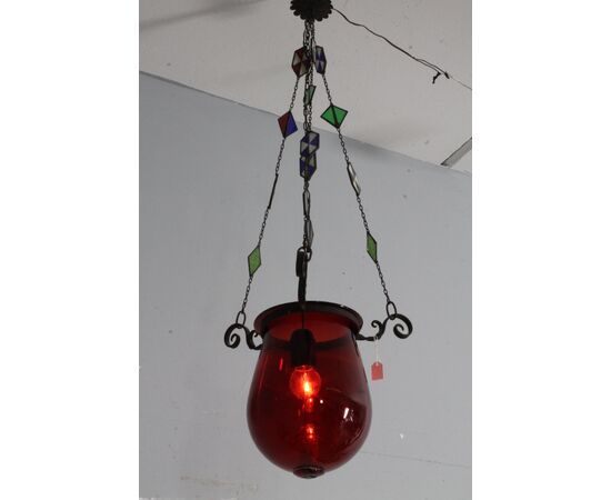 Antico lampadario portacandela vetro rosso fine 800 ! Mis h 82 cm L cm 30 