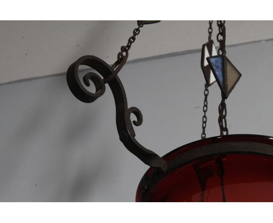 Antico lampadario portacandela vetro rosso fine 800 ! Mis h 82 cm L cm 30 
