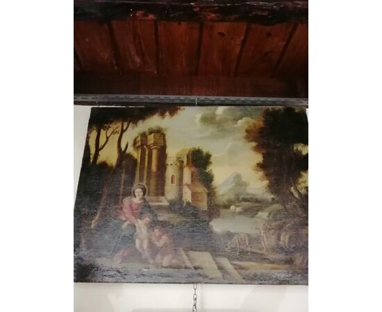Madonna con bambino, San Giovannino e San Giuseppe - Paesaggio con rovine - '600 - olio su tela