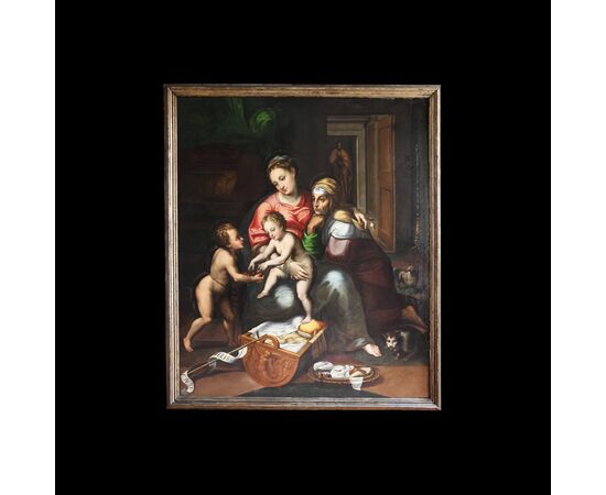 Teodoro d'Errico il Fiammingo attr.; Amsterdam 1544 – Amsterdam 1618, Madonna col bambino, San Giovannino e Sant'Anna (dalla Madonna della Gatta di Giulio Romano), olio su tela
