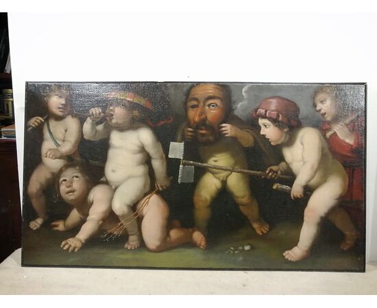 Coppia di dipinti del '700 - Putti che giocano con giochi dell'epoca - olio su tela