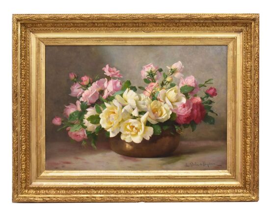 DIPINTI ANTICHI CON FIORI DI ROSE ROSA, NATURE MORTE, OLIO SU TELA, PRIMI DEL NOVECENTO. (QF665)