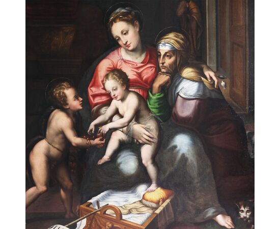Teodoro d'Errico il Fiammingo attr.; Amsterdam 1544 – Amsterdam 1618, Madonna col bambino, San Giovannino e Sant'Anna (dalla Madonna della Gatta di Giulio Romano), olio su tela