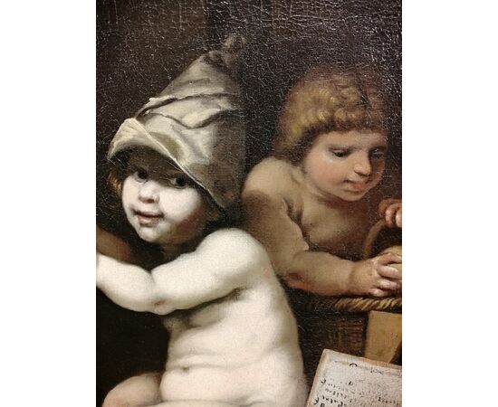 Coppia di dipinti del '700 - Putti che giocano con giochi dell'epoca - olio su tela