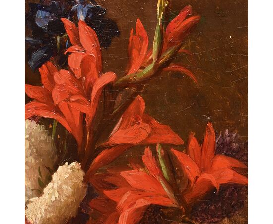 DIPINTI ANTICHI DI FIORI, NATURE MORTE CON GIGLI E DALIE, OLIO SU TAVOLA, DELL'800. (QF662)