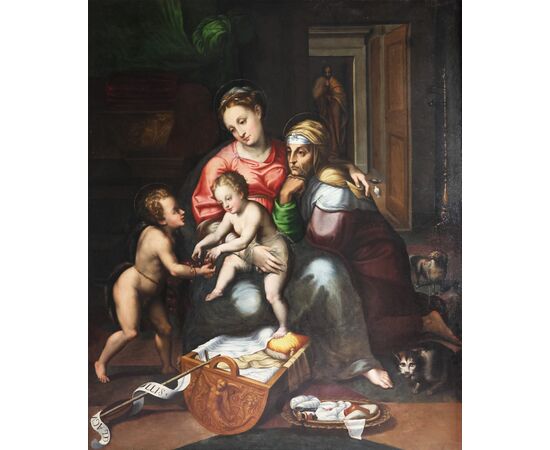 Teodoro d'Errico il Fiammingo attr.; Amsterdam 1544 – Amsterdam 1618, Madonna col bambino, San Giovannino e Sant'Anna (dalla Madonna della Gatta di Giulio Romano), olio su tela