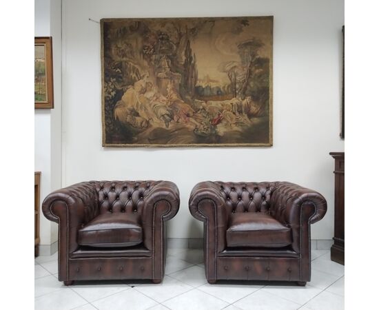 Coppia di poltrone chesterfield club in pelle marrone inglese originale nuova 