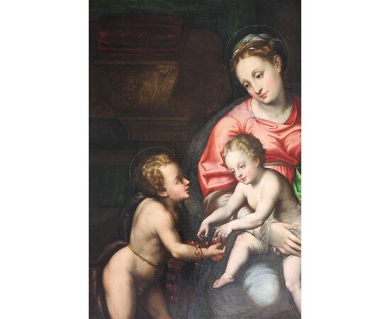 Teodoro d'Errico il Fiammingo attr.; Amsterdam 1544 – Amsterdam 1618, Madonna col bambino, San Giovannino e Sant'Anna (dalla Madonna della Gatta di Giulio Romano), olio su tela