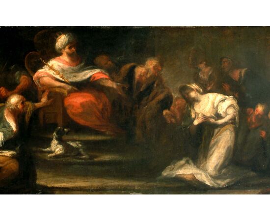 Ester e Assuero dipinto ad olio su tela  - Francesco Maria Raineri, detto lo Schivenoglia (Schivenoglia, Mantova 1676-1758)