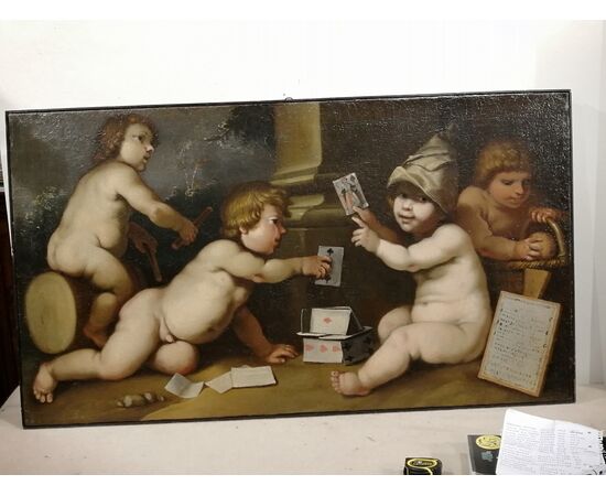 Coppia di dipinti del '700 - Putti che giocano con giochi dell'epoca - olio su tela