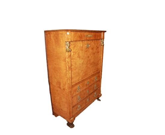 Secretaire Francese Stile Impero del 1800 In Legno di Betulla Con Bronzi