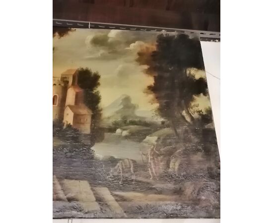 Madonna con bambino, San Giovannino e San Giuseppe - Paesaggio con rovine - '600 - olio su tela