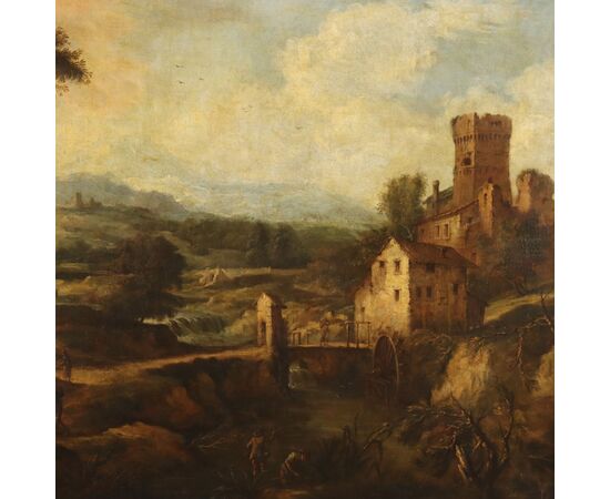 Dipinto Paesaggio con Torrente Mulino e Figure