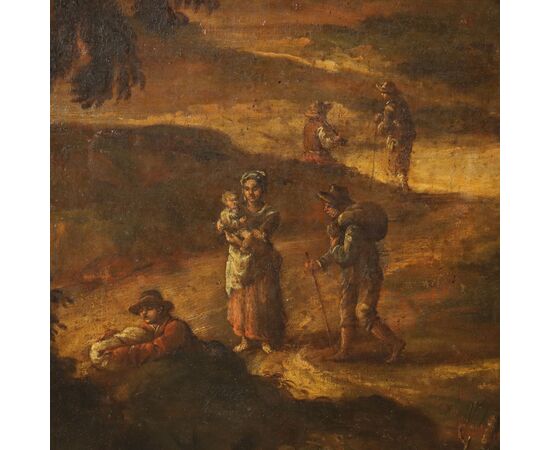 Dipinto Paesaggio con Torrente Mulino e Figure