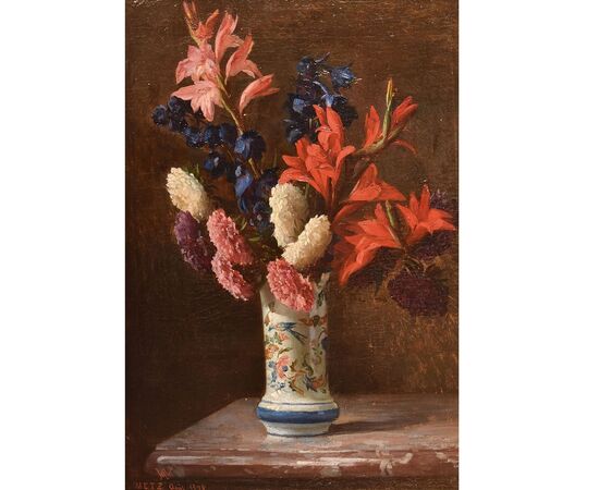 DIPINTI ANTICHI DI FIORI, NATURE MORTE CON GIGLI E DALIE, OLIO SU TAVOLA, DELL'800. (QF662)