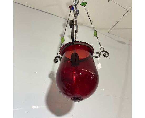 Antico lampadario portacandela vetro rosso fine 800 ! Mis h 82 cm L cm 30 