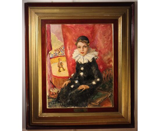 Ragazzina in costume da Pierrotte | Vittorio Gussoni, olio su tela