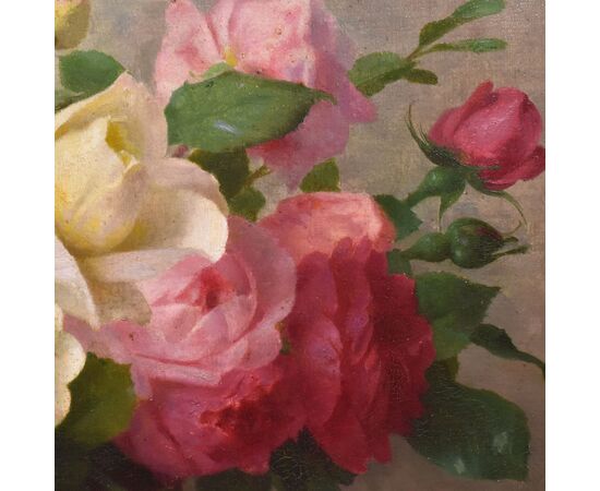 DIPINTI ANTICHI CON FIORI DI ROSE ROSA, NATURE MORTE, OLIO SU TELA, PRIMI DEL NOVECENTO. (QF665)
