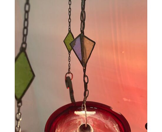Antico lampadario portacandela vetro rosso fine 800 ! Mis h 82 cm L cm 30 