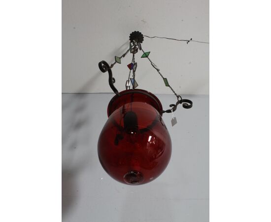 Antico lampadario portacandela vetro rosso fine 800 ! Mis h 82 cm L cm 30 